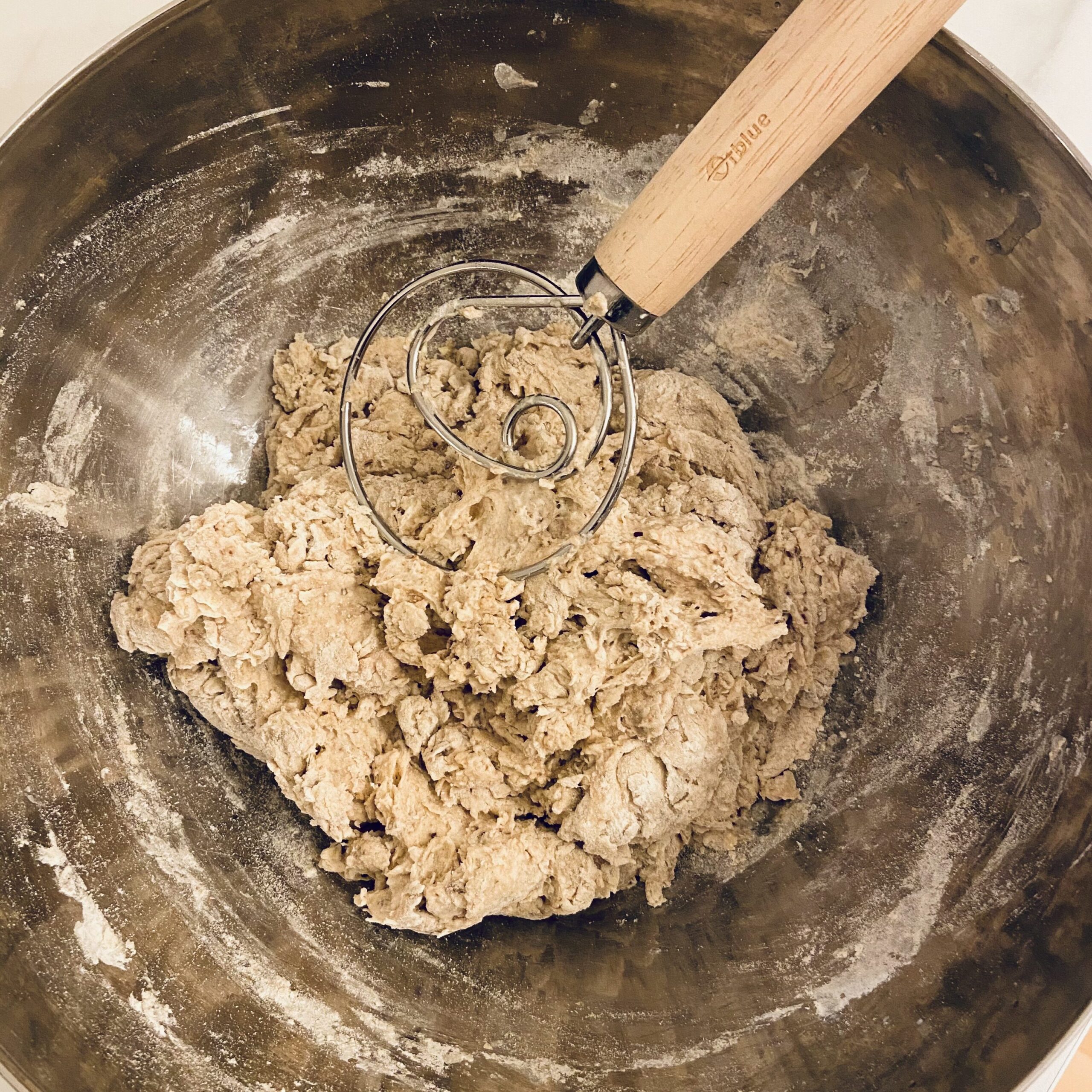 All dough ingredients combined to autolyse before kneading. 